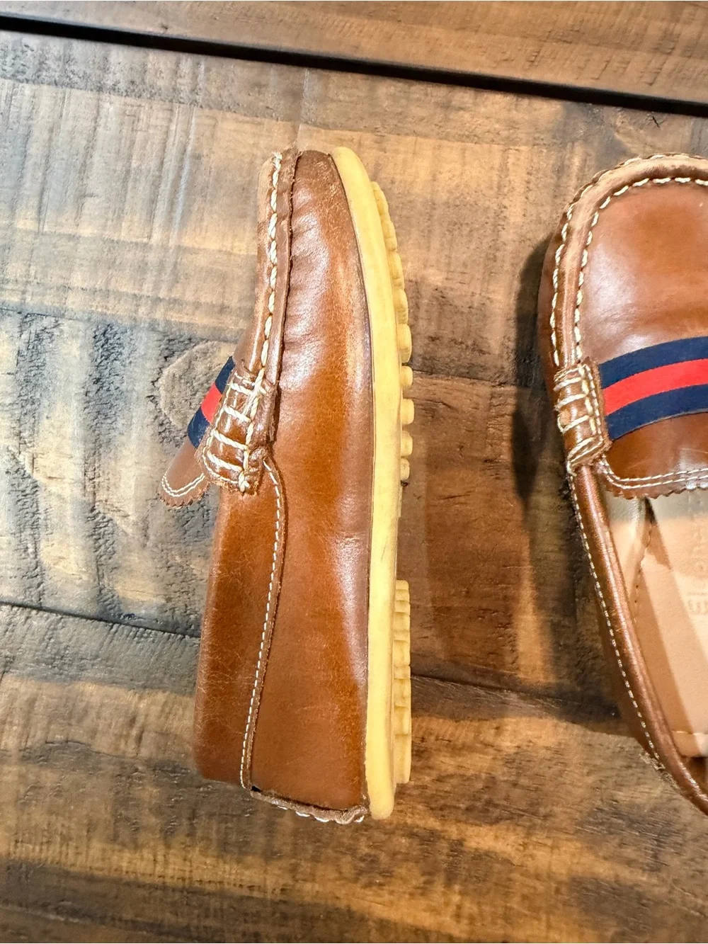 Elephantito Brown Leather Kids Loafers with Navy & Red Stripe